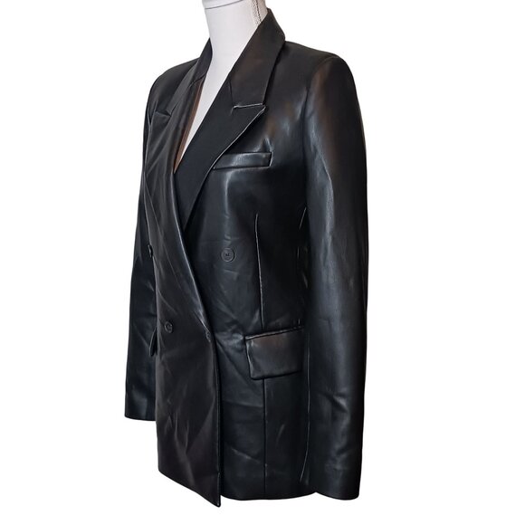 Zara Black Double Breasted Vegan Leather Fitted Blazer Jacket Sharp Lapels S - Picture 4 of 13